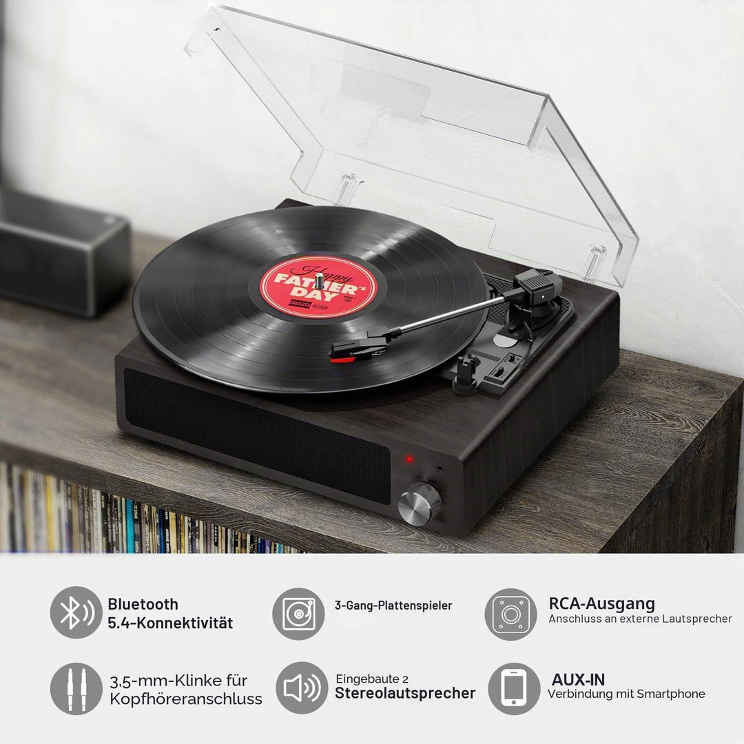 FYDEE Plattenspieler, Bluetooth 5.4 Schallplattenspieler mit Einstellbarer Auflagekraft, 2x3W Stereo