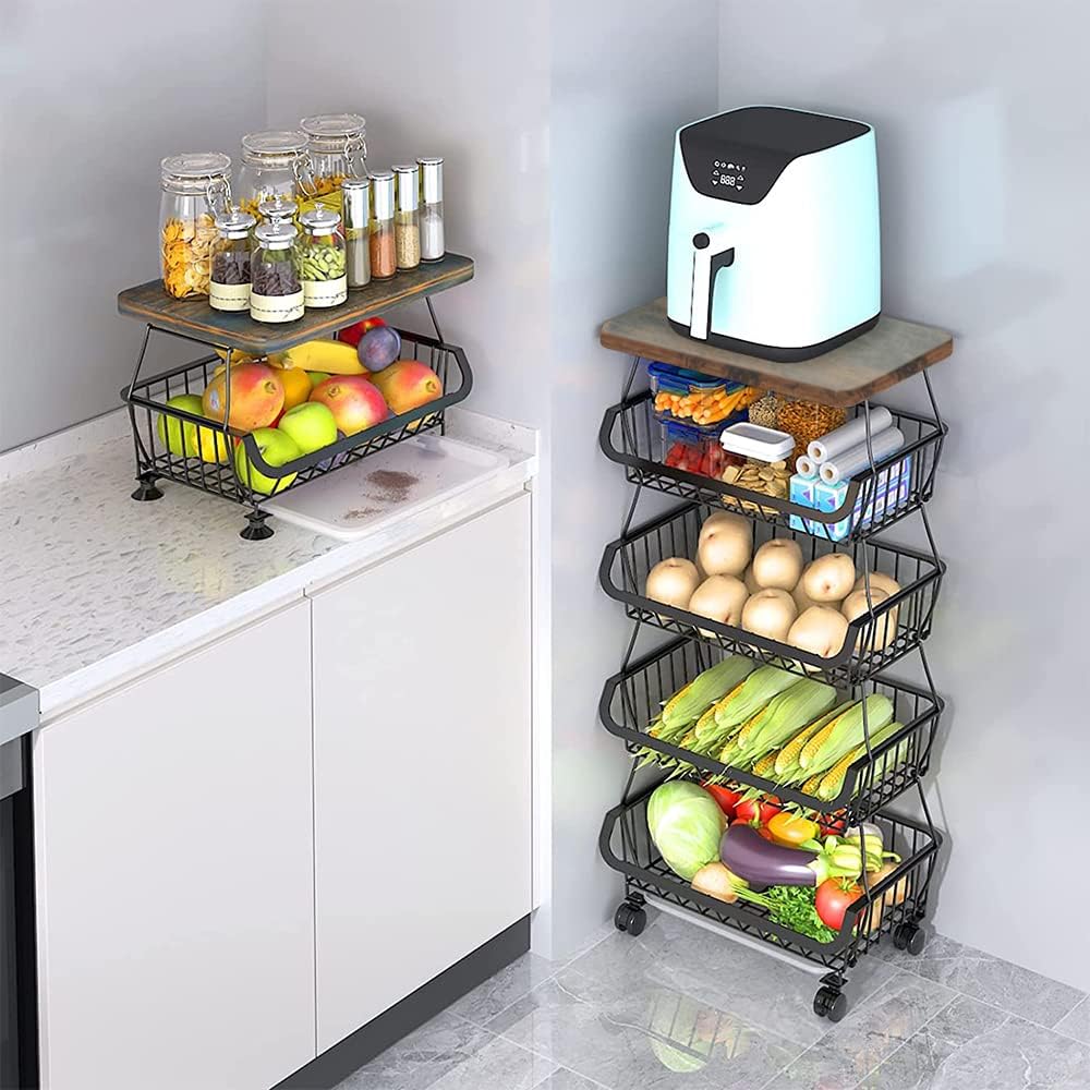 homewell 4-stufiger Gemüsekorb Obstkorb aus Kohlenstoffstahl, für Brot, Gemüse, Snacks und Obst, Pla