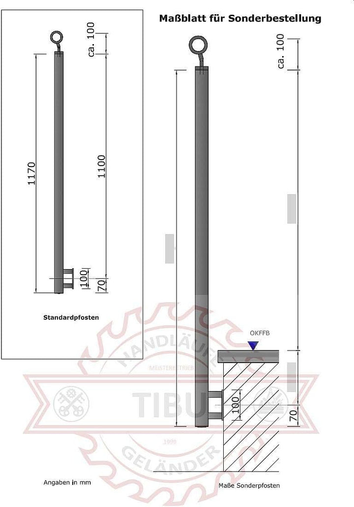 einzelner Edelstahl Geländer Handlaufpfosten für seitliche Montage 0 Streben Seitenabstand 30mm 1 Pf