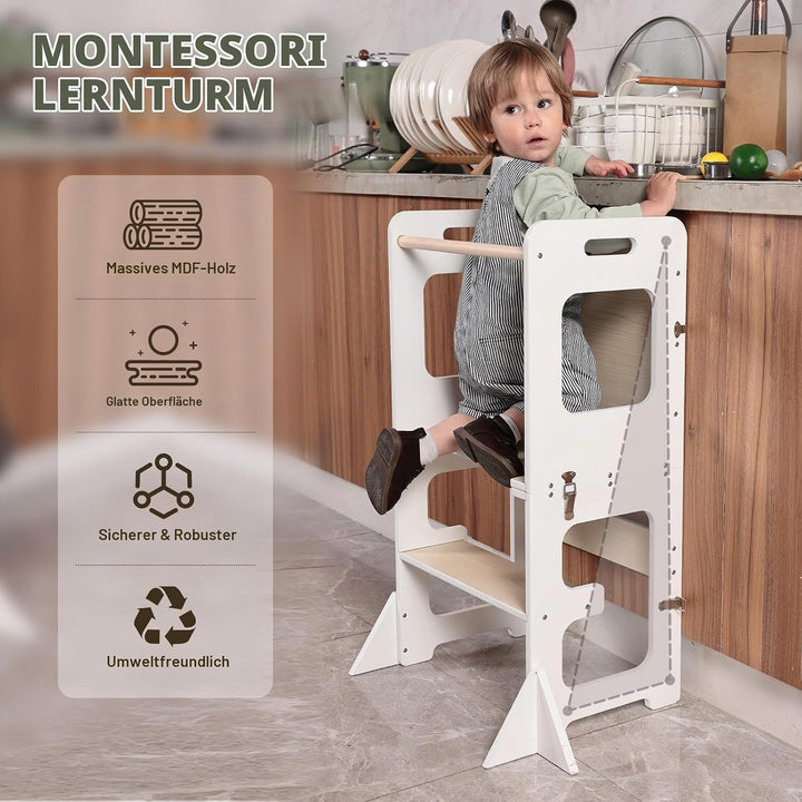 Labebe Lernturm ab 1 Jahr, Montessori Learning Tower mit Tafel, 3 in 1 Multifunktion Lernturm Klappb