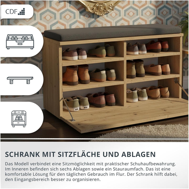 CDF Schuhschrank mit Sitzbank Sitzkissen Flurbank Schuhkommode Garderobenbank mit Kipptür 6 Fächer F