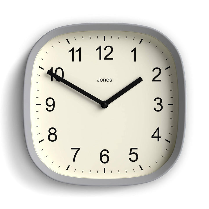 JONES CLOCKS Quadratische Retro-Wanduhr aus hochwertigem Acryl, Sprite' in Grau, 25 x 25 x 5 cm 25 x