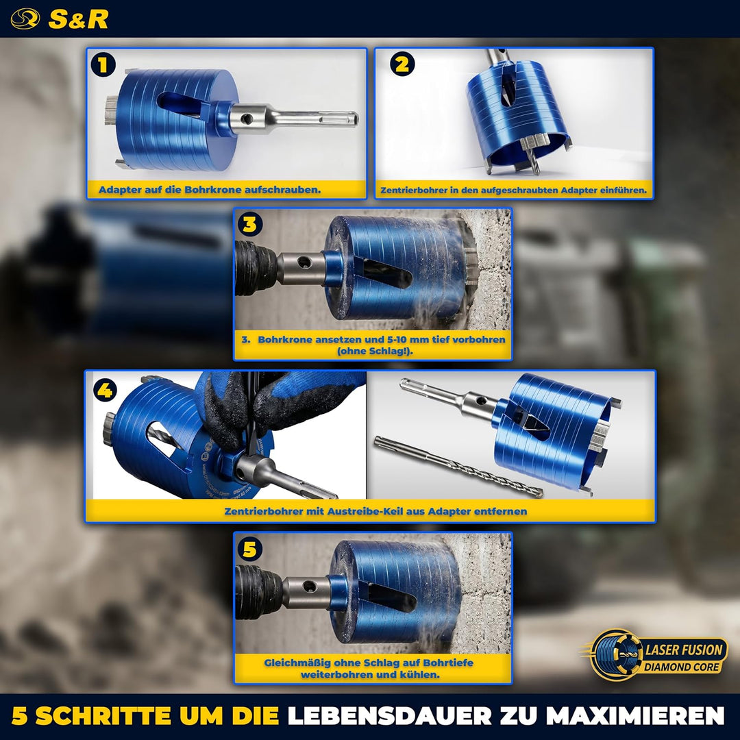 S&R Diamantbohrkrone - SET 82mm, Dosensenker, Kernbohrkrone, Segmenthöhe 10mm, mit Zentrierbohrer 8x