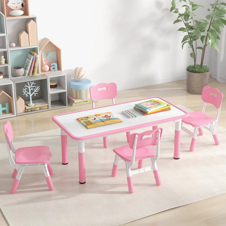 LIFEZEAL Kindertisch mit 4 Stühlen, Höhenverstellbare Kindertischgruppe, Plastik Kindermöbel für Kin
