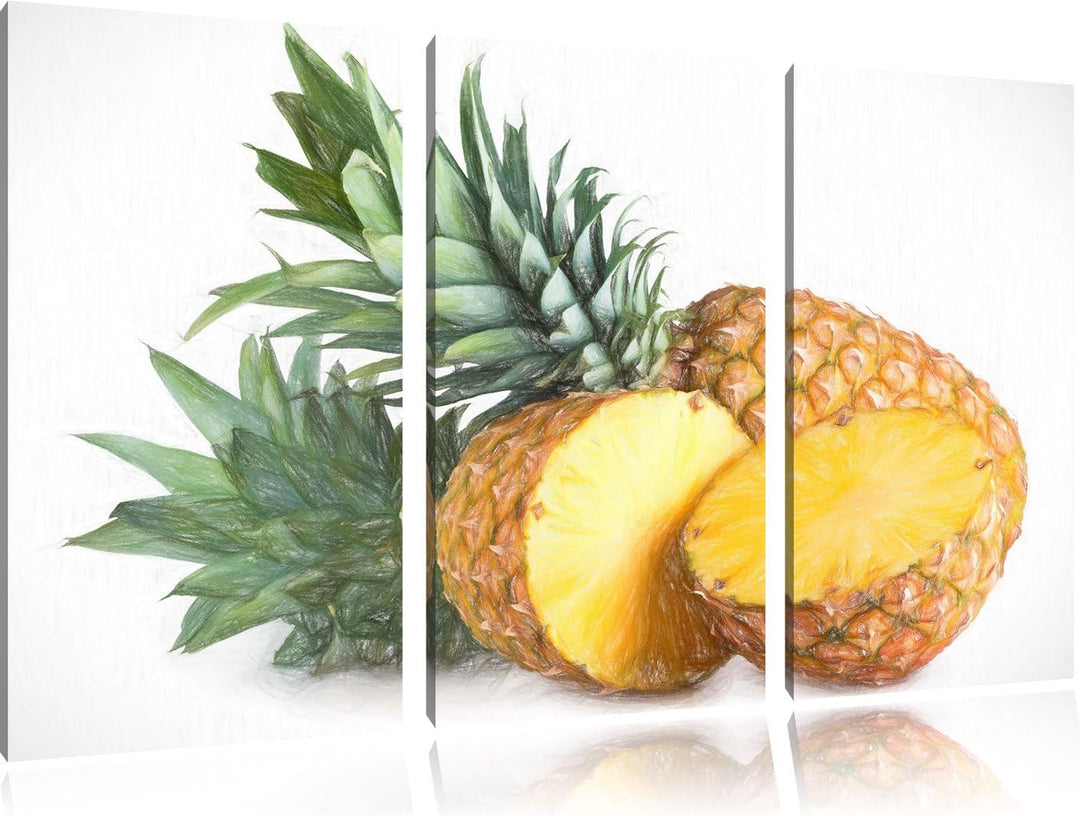 Pixxprint Frische Ananas Bunstift Effekt 3-Teiler Leinwandbild 120x80 Bild auf Leinwand