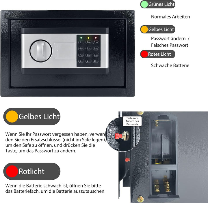 YRHome 34L Mini Tresor für Zuhause Safe Tresor mit Digitaler Passwort, Batteriebox, 2 Sicherheitssch