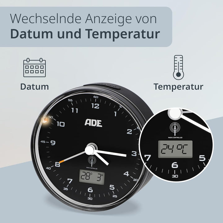 ADE Funk wecker analog ohne Ticken | Uhr mit Temperaturanzeige und Kalender | lautloser analoger Wec
