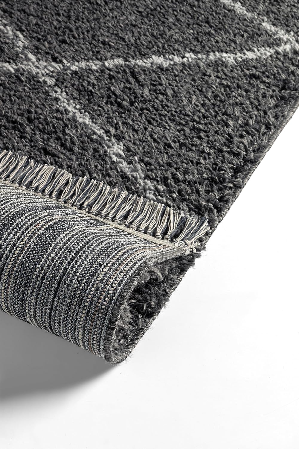 TESSO LIVING Hochflor Teppich - Beige - 120 cm Rund - Diamantmuster Shaggy Teppich Mit Fransen – Bes