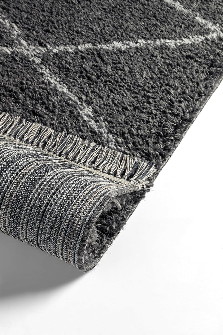 TESSO LIVING Hochflor Teppich - Beige - 120 cm Rund - Diamantmuster Shaggy Teppich Mit Fransen – Bes