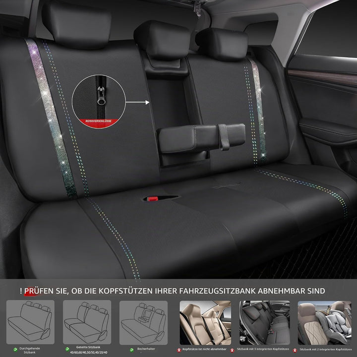 CAR PASS Wasserdicht Leder Autositzbezüge, Bling Diamant Komplettset Sitzbezug, Glänzend Kristall Gl
