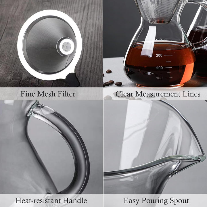 Ailelan Pour Over Kaffeebereiter, 400ml Glas Kaffeekanne mit Filter und Hitzebeständigem Griff, Pour