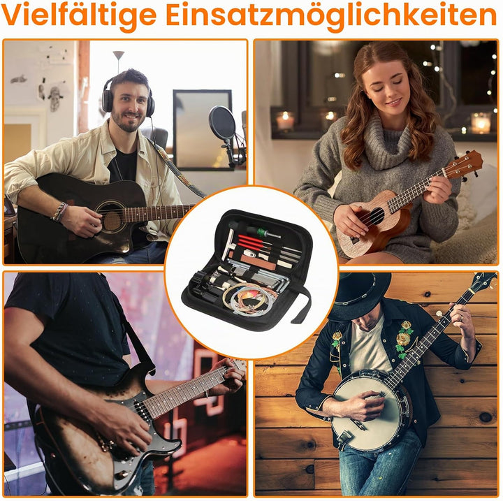 63 Stück Gitarren-Reparatur-Set, Gitarrenpflege-Reinigungs-Werkzeug-Set mit Sattel, Steg, Stimmgerät