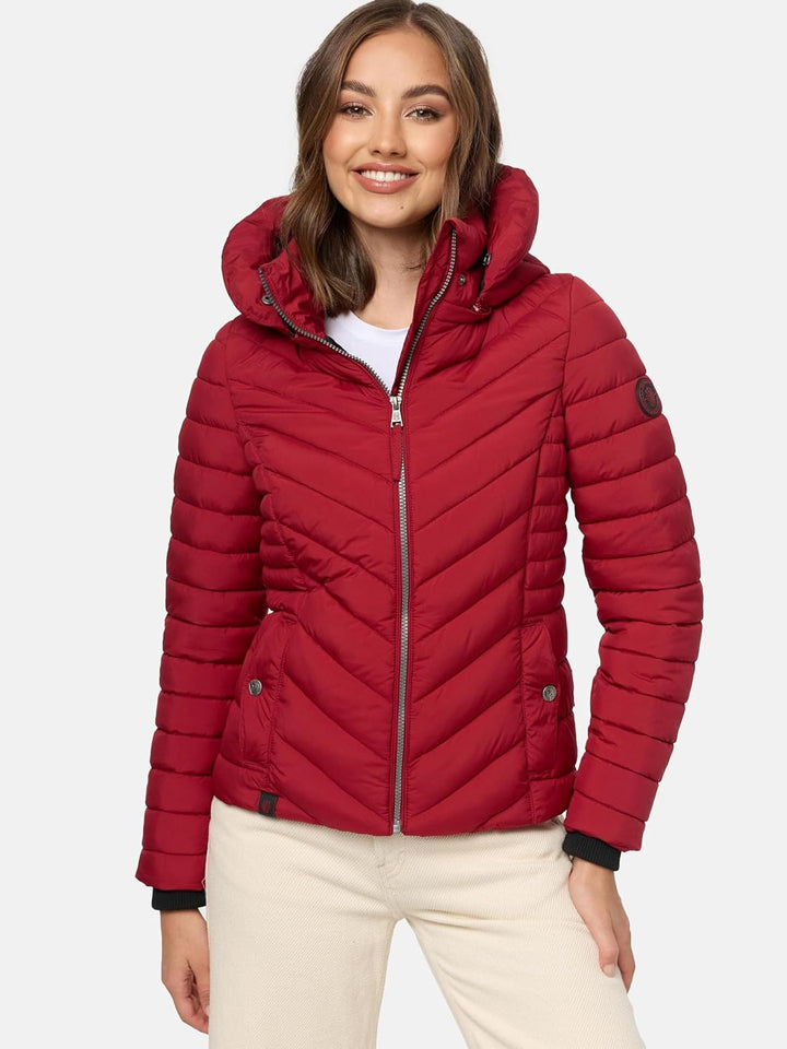 MARIKOO Damen Übergangsjacke leichte Steppjacke kurz mit Abnehmbarer Kapuze Kagomee XS-XXL S Dark Re
