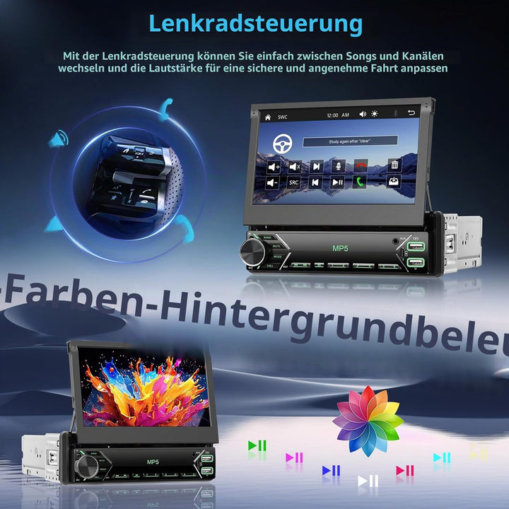 Hikity Autoradio 1 din mit Ausfahrbarem Display 7 Zoll, Radio 1 din mit Wireless Carplay Android Aut