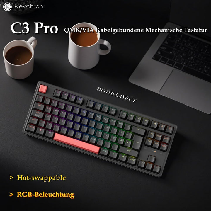 Keychron C3 Pro QMK/VIA Trådbundet Mekaniskt Tangentbord, Programmerbart, TKL-gamingtangentbord 87 T