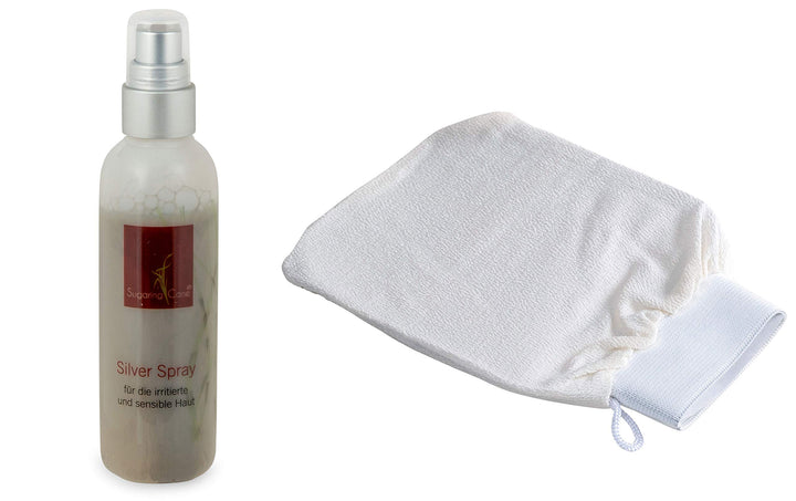 Hautpflege-Set Deluxe „Liebe deine Haut“ Silber-Spray und Peeling-Handschuh für nachhaltige Pflege &