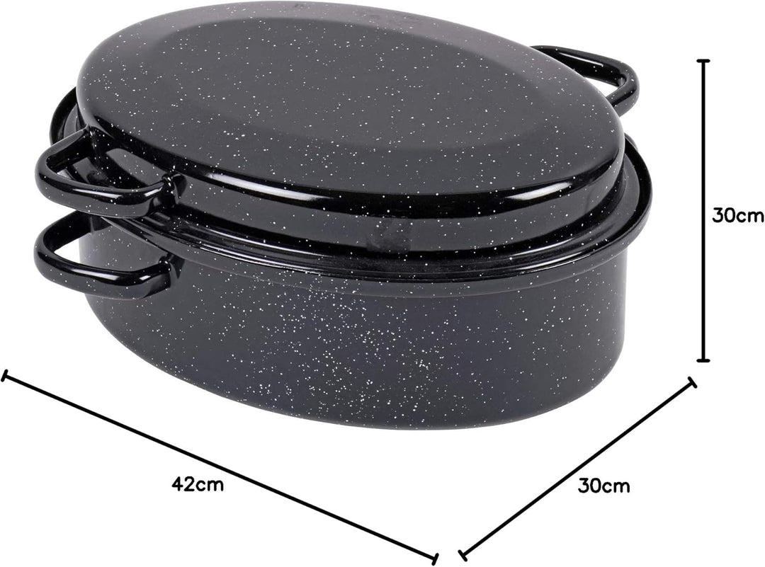 Krüger Gansbräter in schwarz/weiss gesprenkelt, Emaille, 42 cm, 42 cm