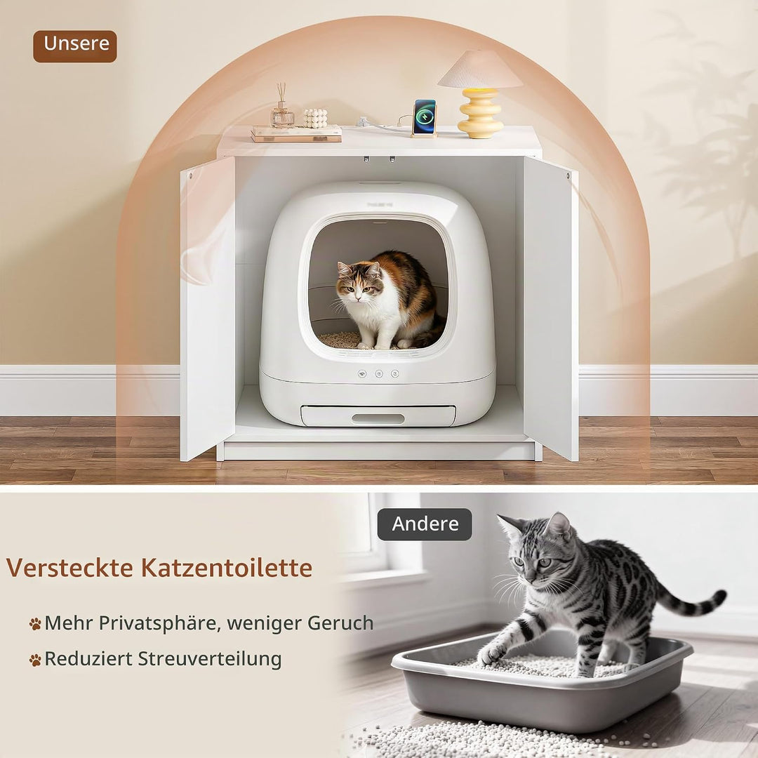 Katzenklo Schrank Versteckt mit Steckdosen, 80 x 60 x 80 cm, Weiss | Katzenschrank Möbel mit USB, fü