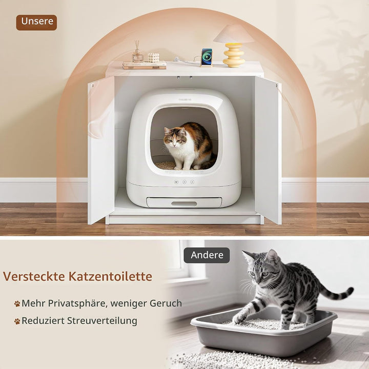 Katzenklo Schrank Versteckt mit Steckdosen, 80 x 60 x 80 cm, Weiss | Katzenschrank Möbel mit USB, fü