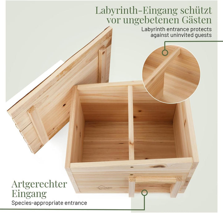 wildlife home Igelhaus Winterfest aus Holz mit Boden & wetterfestem Rindendach I Igelfutterhaus I Ka