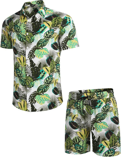 COOFANDY Herren Kurzarm Hemd Blumen Hawaiihemd und Shorts Set Floral Party Outfit Männer Button Down