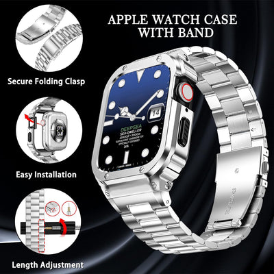 HASLFM Edelstahl Apple Watch Armband mit Gehäuse Kompatibel mit Apple Watch Series 9/8/7(41mm) 6/5/4