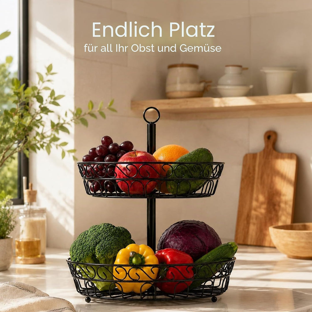 Obst Etagere 2 Etagen – 24x40cm Obstschale aus Metall, Moderner Obstkorb für länger frisches Obst, S