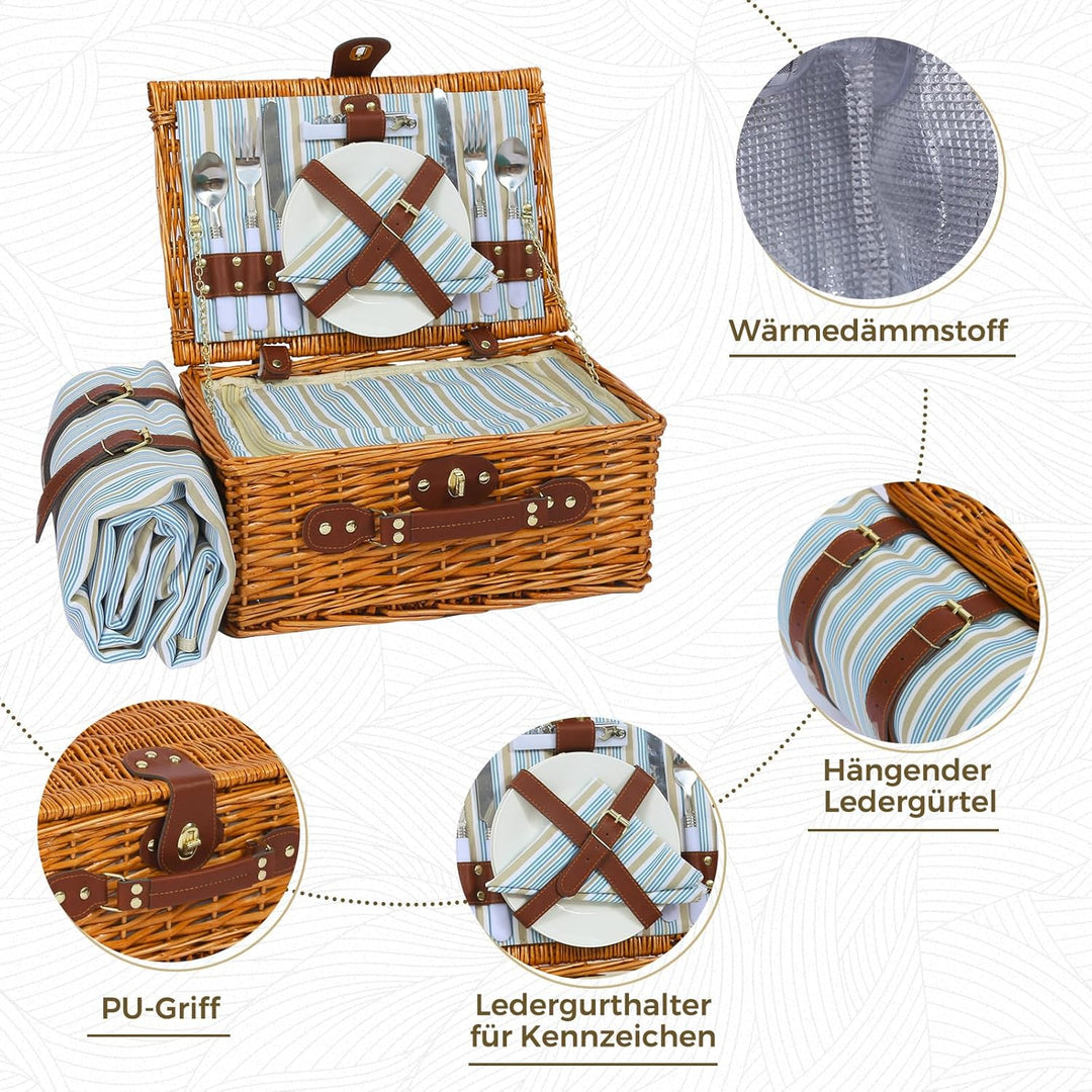 Picknickkorb Set für 2 Person mit Kühlfach und wasserdichte Picknickdecke, Abnehmbarer Riemen, Weinb