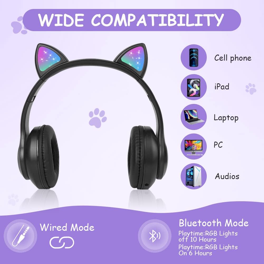 AXFEE Kopfhörer Kinder, Kinderkopfhörer Bluetooth mit Katzenohren, Schwarz | Katzenohr Kopfhörer Ove