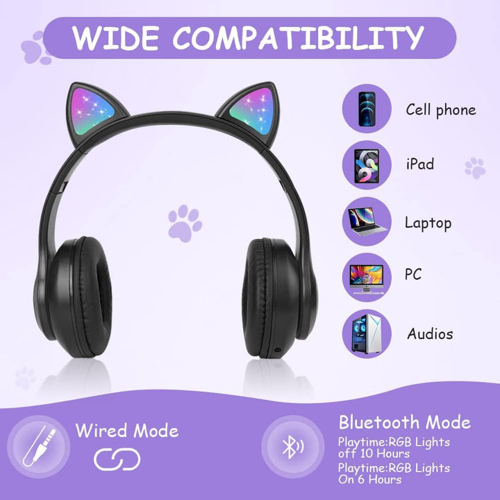 AXFEE Kopfhörer Kinder, Kinderkopfhörer Bluetooth mit Katzenohren, Schwarz | Katzenohr Kopfhörer Ove