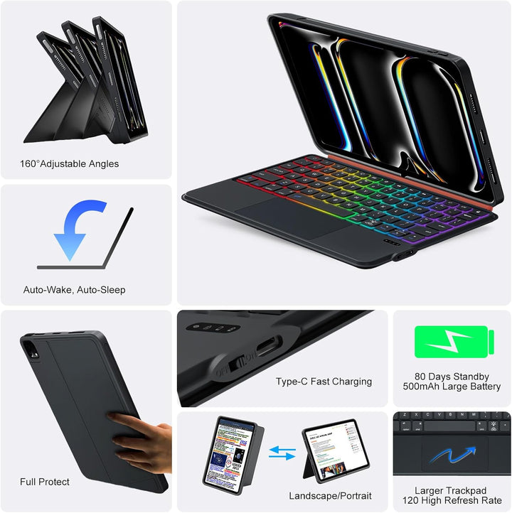 für iPad Pro 11 Zoll (M5/M4 2025/2024) Hülle mit Tastatur, Magnetisch Abnehmbares, Trackpad, Hinterg