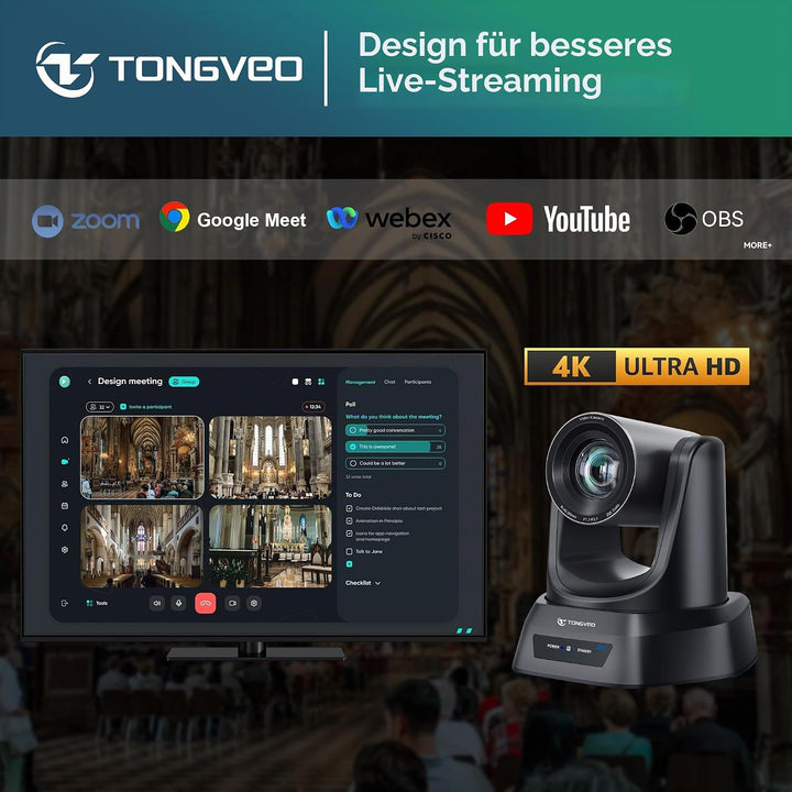 TONGVEO 4K AI PTZ-Kamera mit Auto-Tracking und 20-fachem optischem Zoom, Konferenzkamera mit HDMI/US