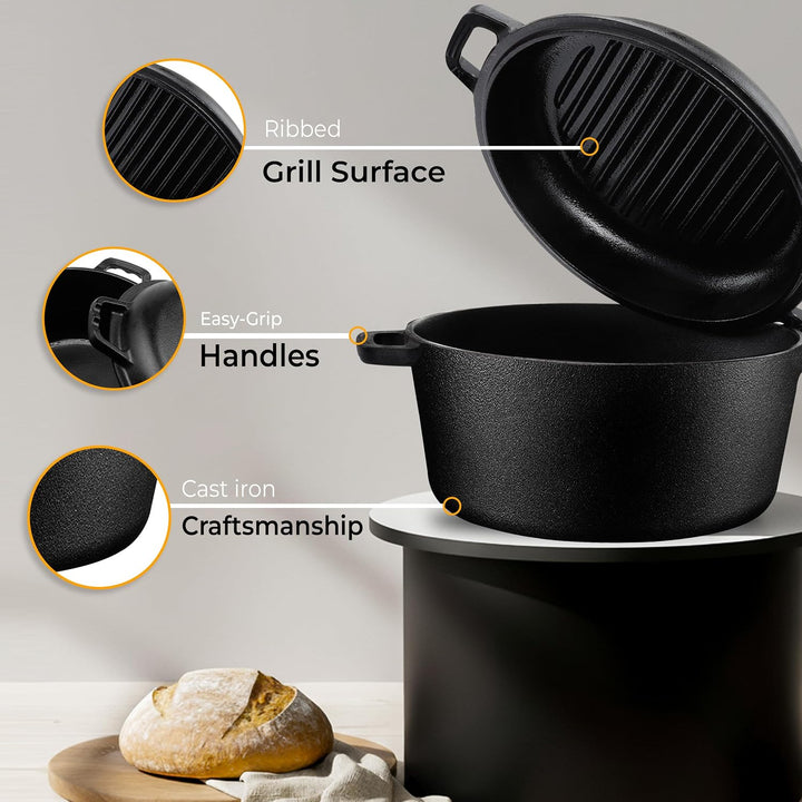 Kichly 2 in 1 Gusseisen Topf Mit Doppelter Zweck Grillpfannendeckel - Vorgewürzter Gusseiserner Dutc