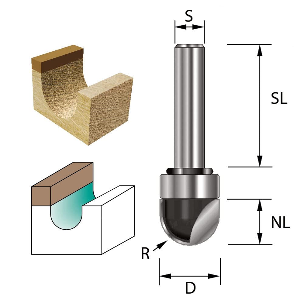 ENT 12500 Hohlkehlfräser HW, Schaft (S) 8 mm, Radius (R) 6 mm, D 12 mm, NL 12 mm, SL 32 mm, mit Kuge