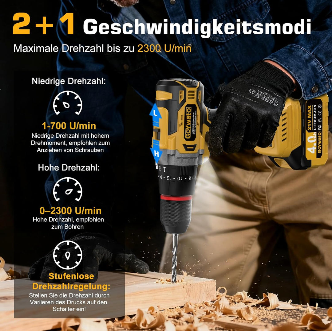 21V Akkuschrauber mit Schlagbohrfunktion - 140Nm Bürstenloser Akku Bohrmaschine mit 2 x 4.0Ah Akkus,