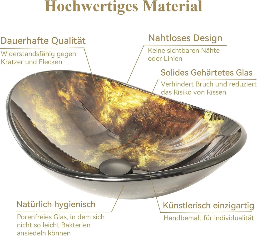 YU YUSING Waschbecken Glas Aufsatzwaschbecken Waschtisch, Oval Hand Waschschale mit Wasserhahn Set,