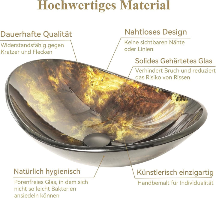 YU YUSING Waschbecken Glas Aufsatzwaschbecken Waschtisch, Oval Hand Waschschale mit Wasserhahn Set,