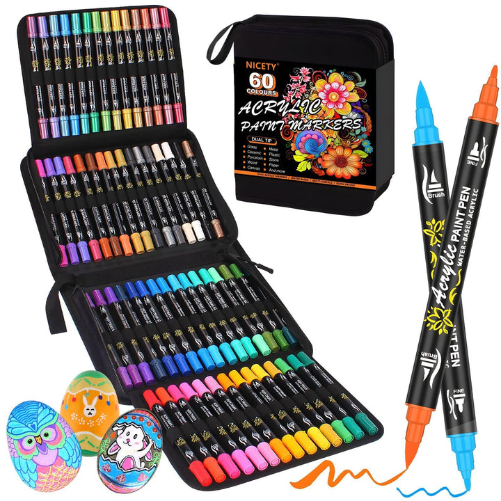 NICETY 60PCS Acrylstifte für Steine Wasserfest - Dual Tip Acrylmarker Multimarker für Steine Bemalen