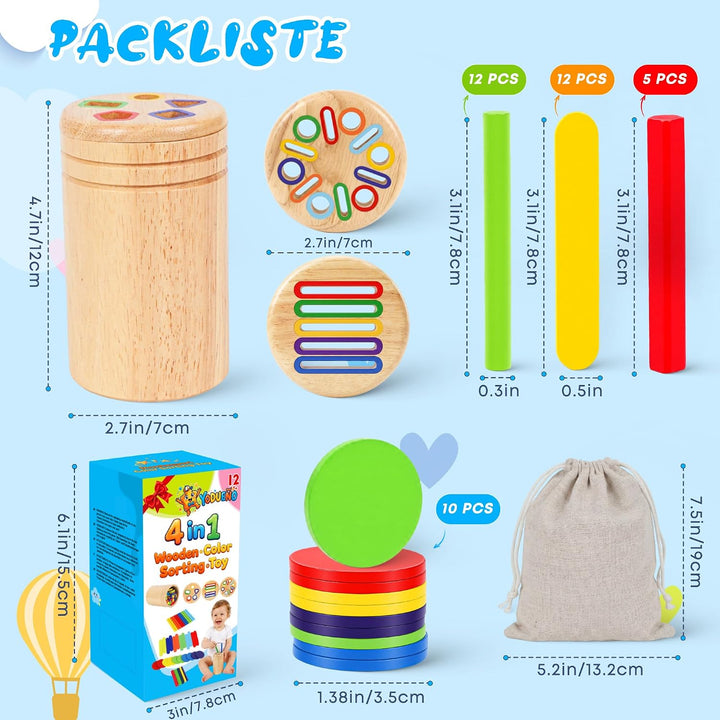 Montessori Spielzeug ab 1 Jahr, 4-in-1 Holzspielzeug Farbe Sortierspiel Spielzeug ab 1 2 3 Jahre Mäd