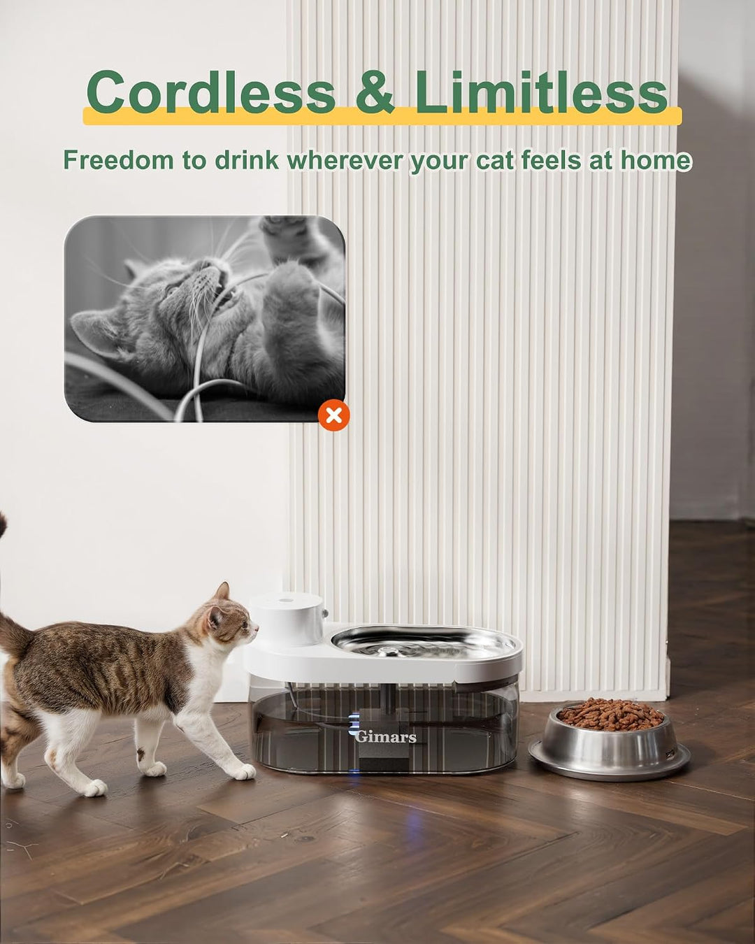 Gimars 4L UltraLeiser BPA-frei Katzenbrunnen Kabellos mit Bewegungsmelder, 5000mAh Akku, Trinkbrunne