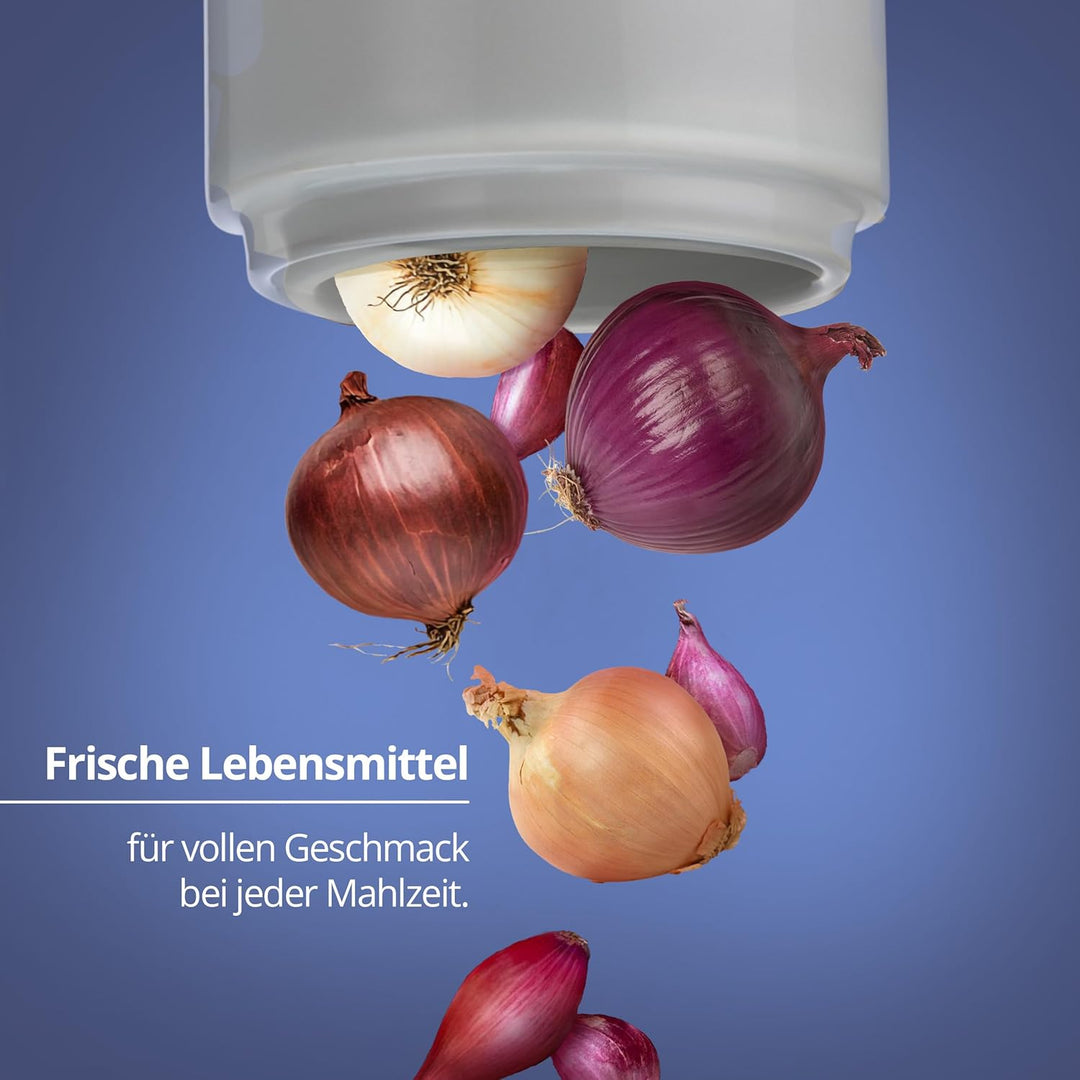 KHG Zwiebel- & Knoblauch Aufbewahrung, Vorratsdosen Keramik Steingut Weiss Holz-Deckel Bambus rund,