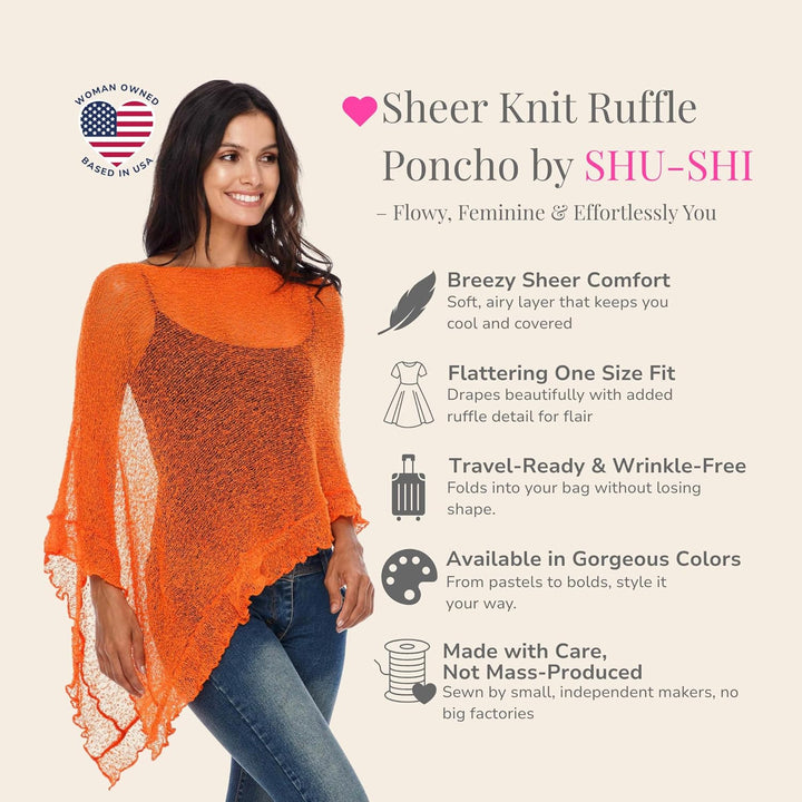 SHU-SHI - Damen Poncho-Top mit Rüschen - transparent - leichtes Strickmaterial Leuchtendes Orange, L