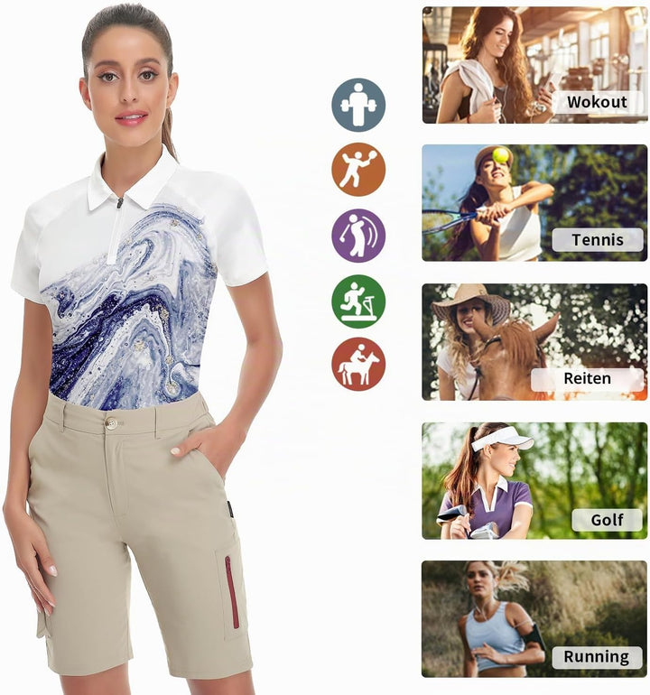 Soneven Atmungsaktiv Poloshirt Damen Leichtes Sportshirt Tailliert Karierte Bluse UPF 50+ Kurzarm 1/