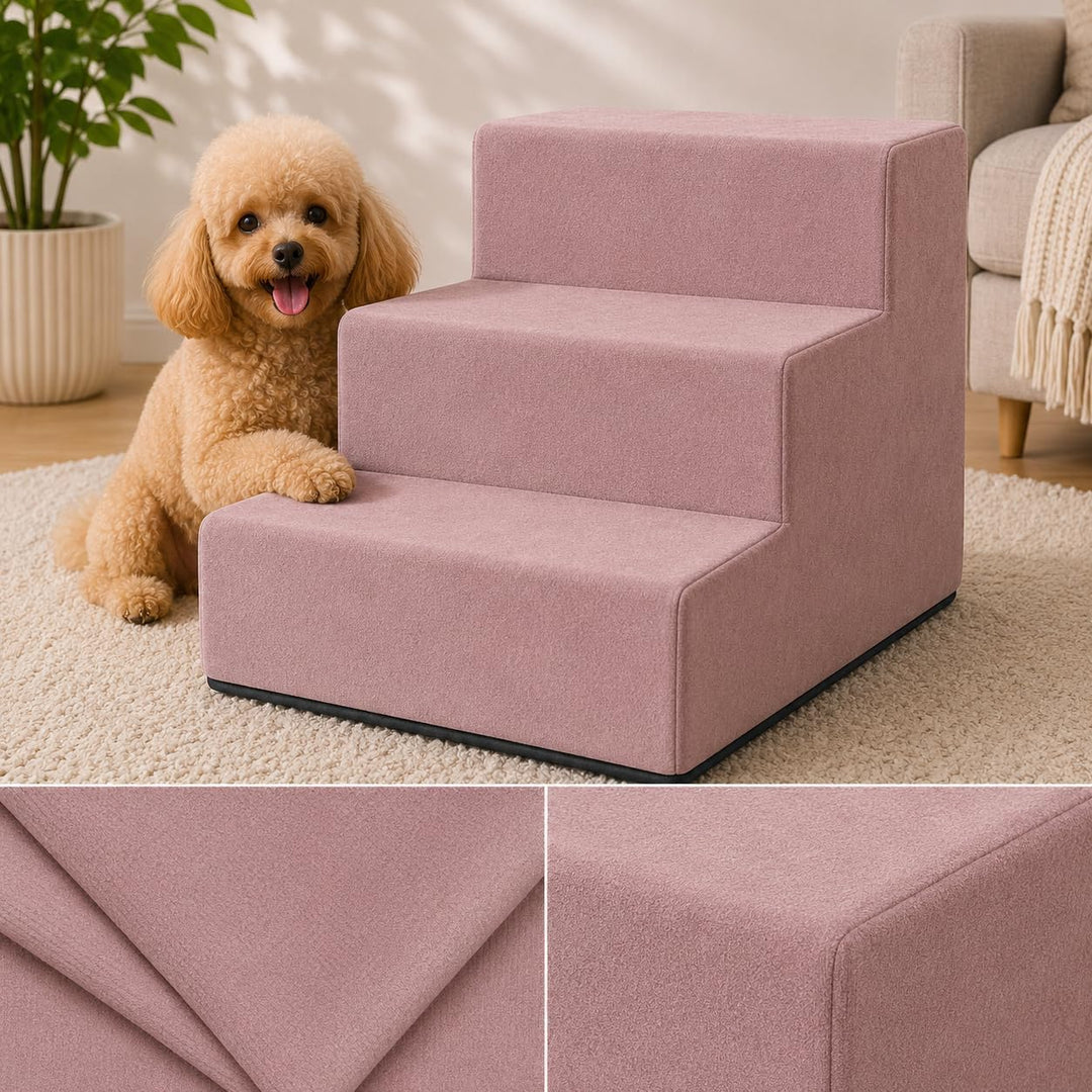 Muralo Hundetreppe 3 Stufen für Kleine Hunde, Katzen, Velvet - Rosa | Haustiertreppe 30 cm, rutschfe