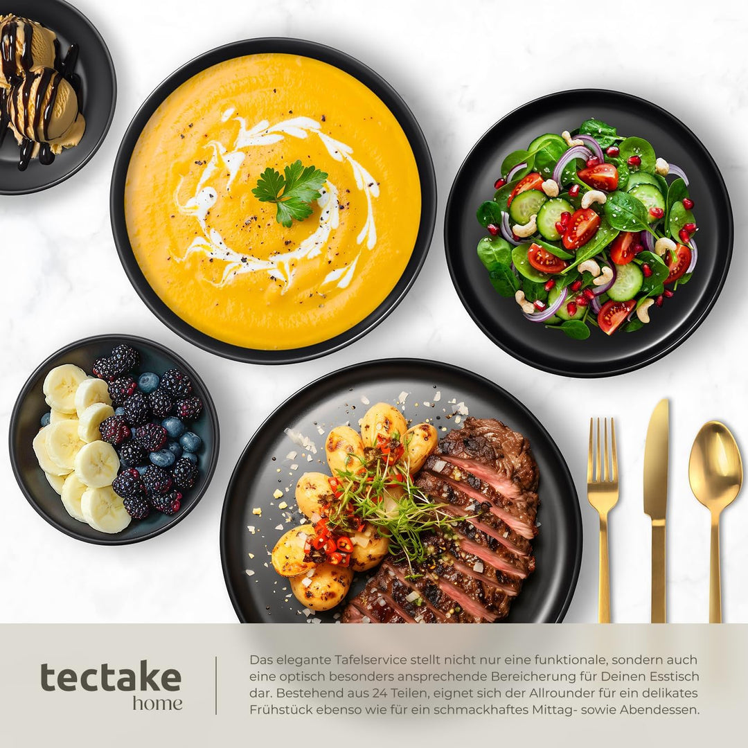 tectake® Küchenstarterset 6 Personen, Steingut Geschirr Set, Teller, 4 Töpfe 2 Pfannen rostfreies Al