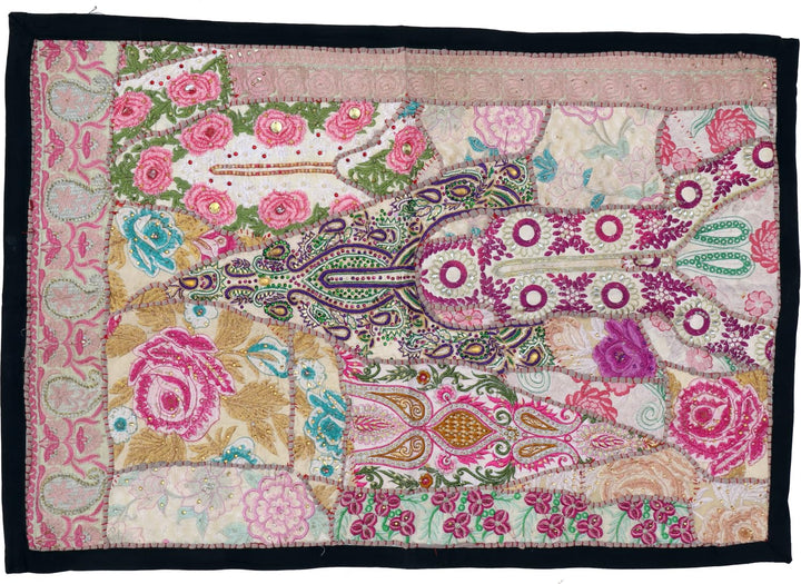 GURU SHOP Indischer Wandteppich Patchwork Wandbehang, Einzelstück 90x65 cm - Muster 1, Rosa, Baumwol