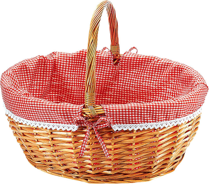 Kobolo Einkaufskorb geflochten Weide - mit Textil ausgeschlagen - rot weiss kariert - 45x34x20 cm