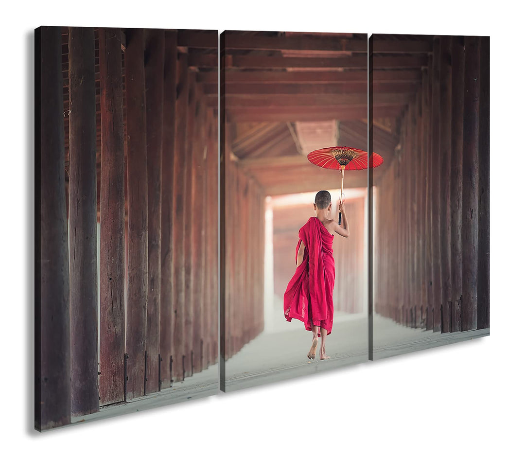 deyoli Junger Mönch im roten Gewand Format: 3-teilig 120x80 als Leinwand, Motiv fertig gerahmt auf E