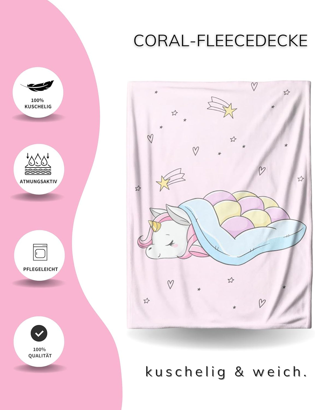 MTOnlinehandel Einhorn Decke 150x200 cm ☆ Fleece-Decke flauschig in rosa, Unicorn Kuscheldecke für K