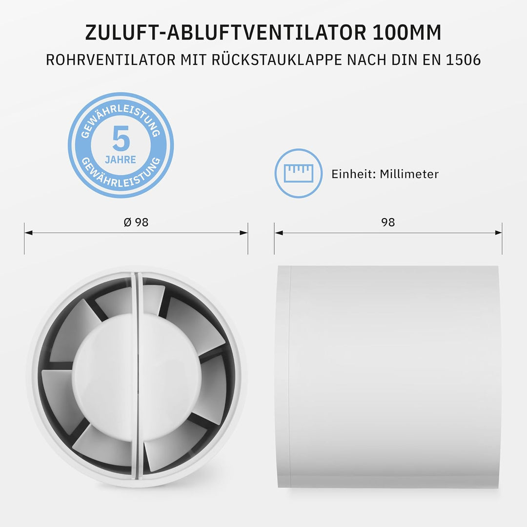 INLINE Zuluft-Abluftventilator 100mm, Rohrventilator mit Rückstauklappe, Badlüfter, Grow Tent, Boost